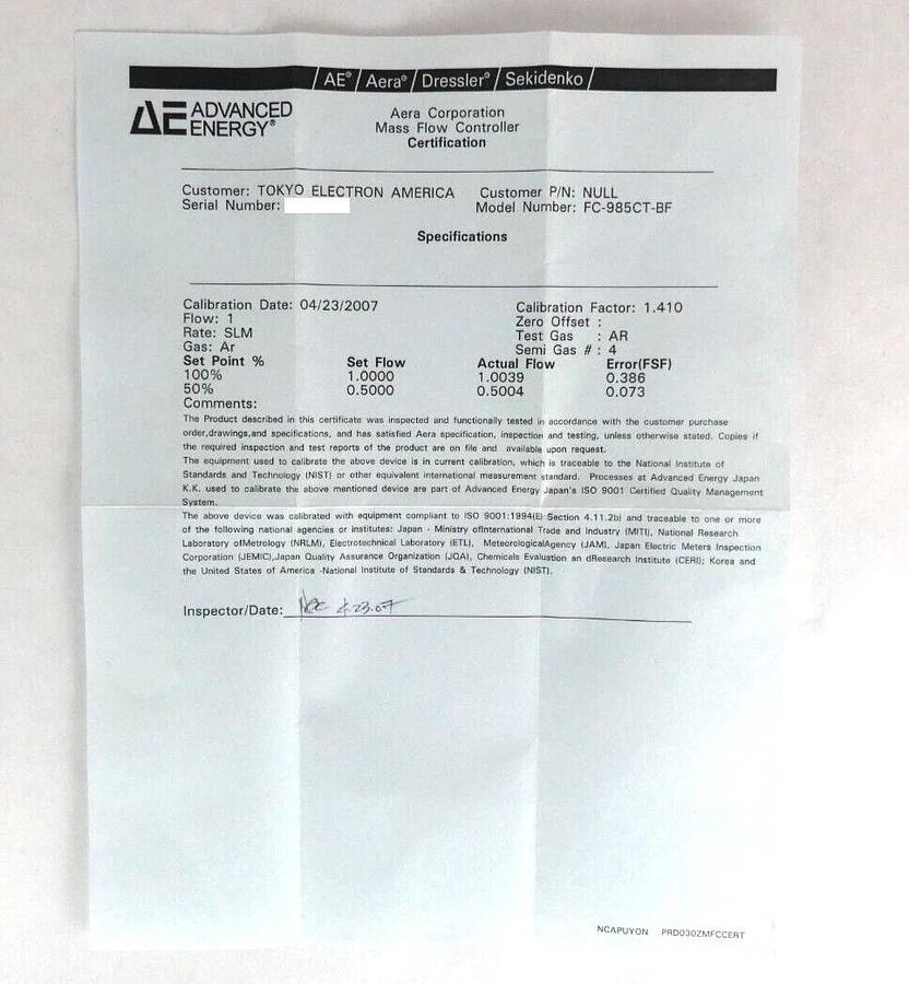 Aera FC-985C Mass Flow Controller MFC 1 SLM AR TEL FC-985CTBF New Surplus