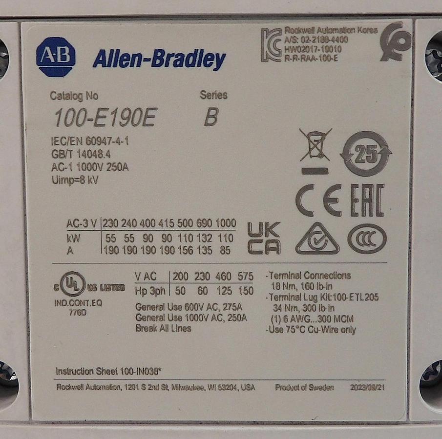 Used AB Allen-Bradley 100-E190E 3-Pole Contactor Series A Lot of 2 Working