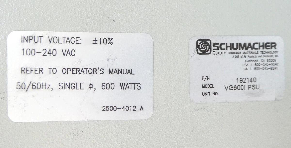 Used Schumacher 192140 Power Supply Module VG600I Air Products Working Surplus