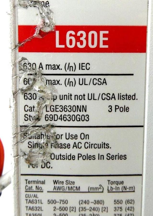 Used Eaton 69D4630G03 L630E 3-Pole Industrial Circuit Breaker LGE3630NN Working