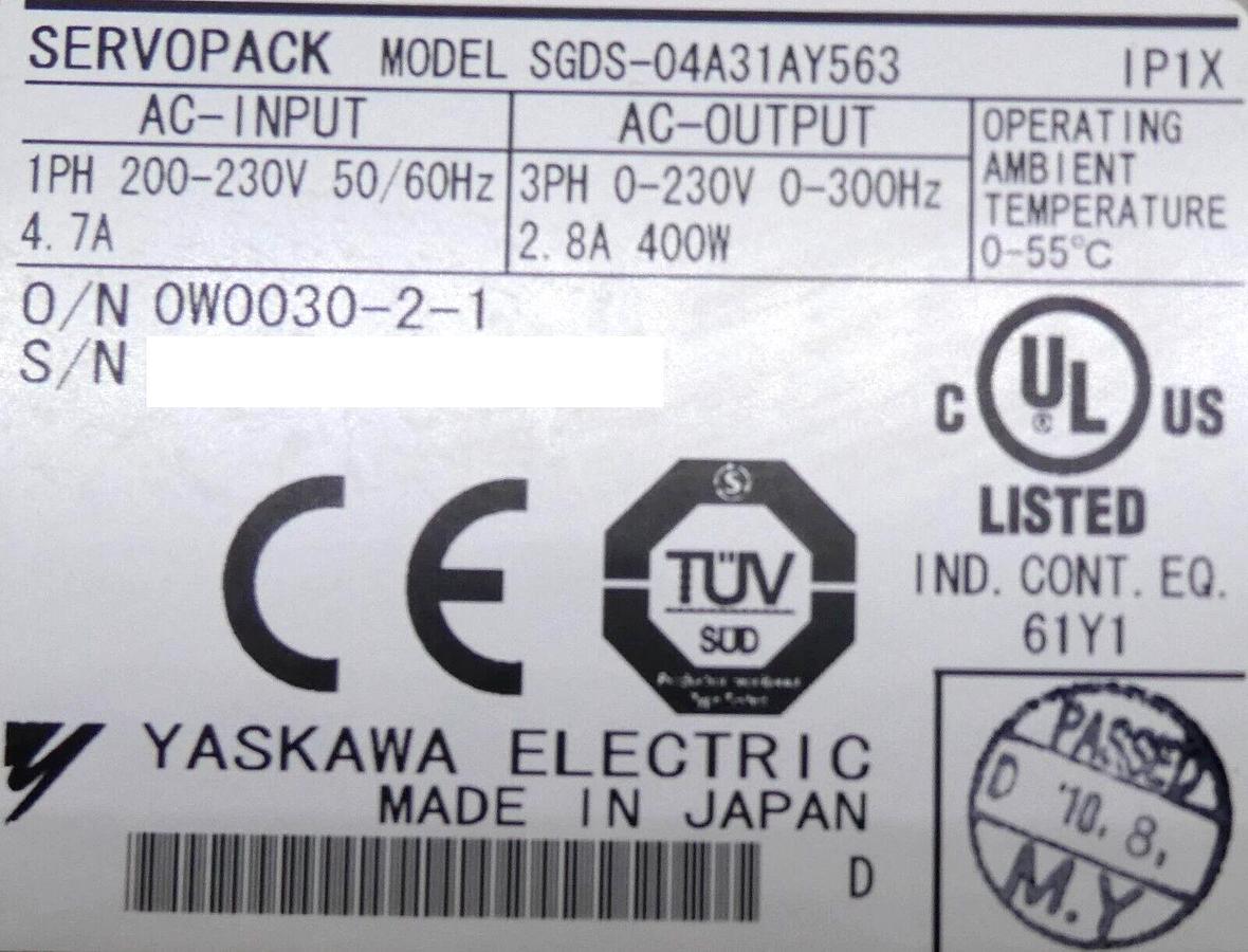 Used Yaskawa Electric SGDS-04A31AY563 Servo Drive SERVOPACK Working Surplus