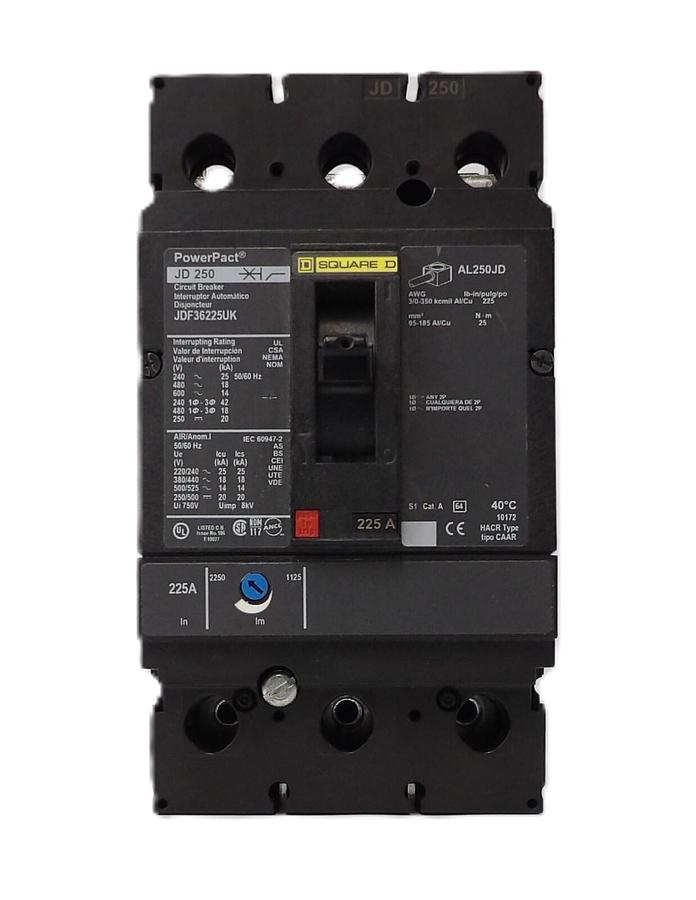 Used Square D JDF36225UK 3-Pole Circuit Breaker PowerPact JD 250 Working Surplus