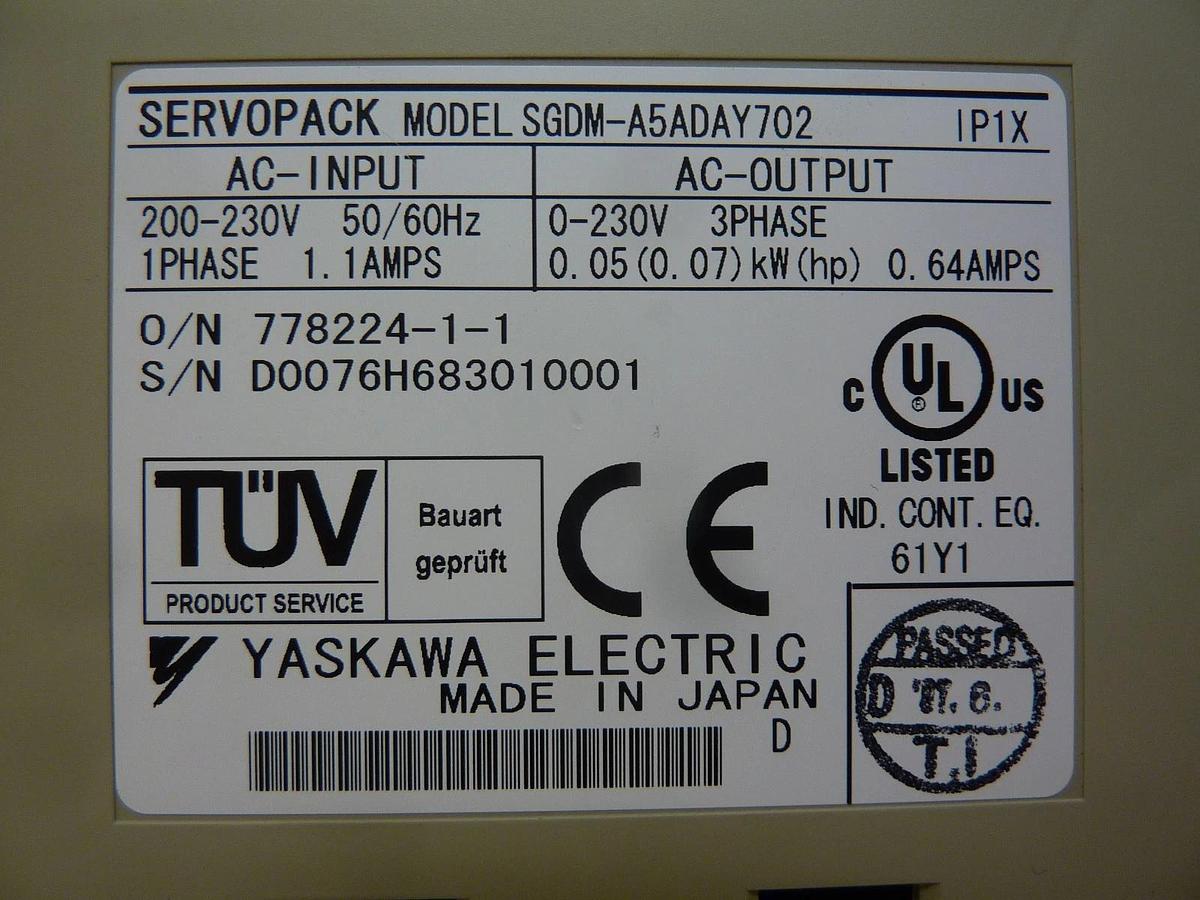 Used Yaskawa Electric SGDM-A5ADAY702 Servo Driver SERVOPACK Ver. 35942-1 Used Working