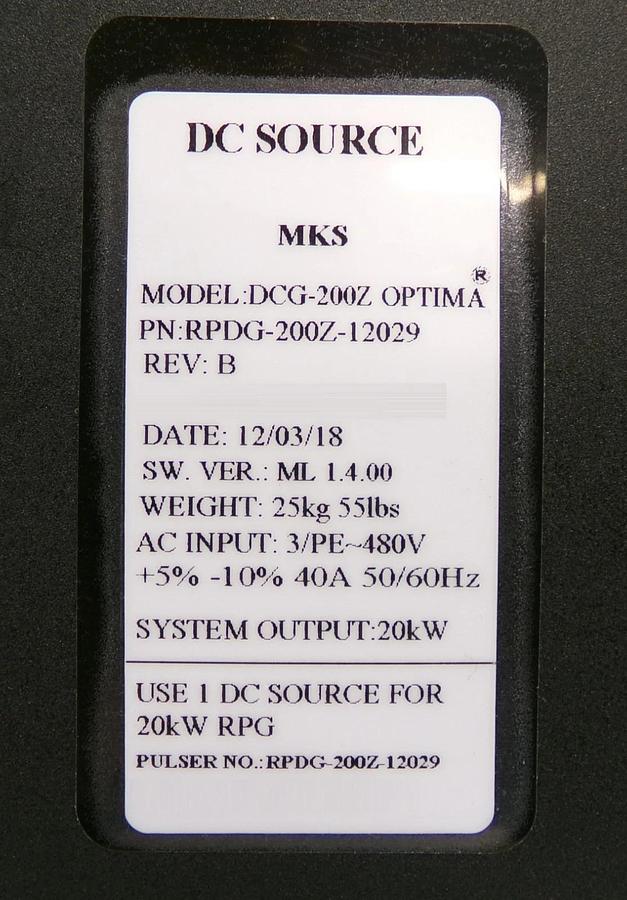 Used DCG-200Z Optima ENI RPDG-200Z-12029 DC Plasma Generator 20kW MKS Surplus
