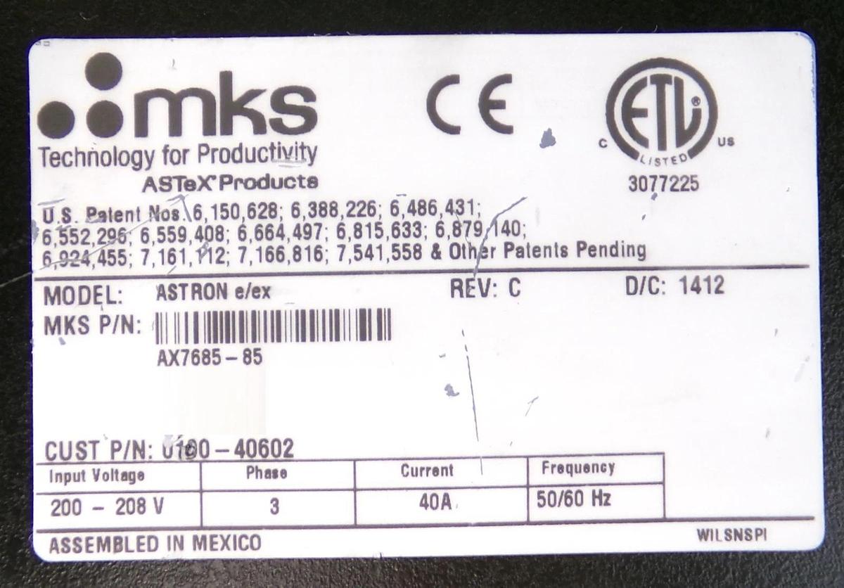 Used ASTRON e/ex MKS Instruments AX7685-85 RPS Plasma Source ASTeX w/Cooling Working