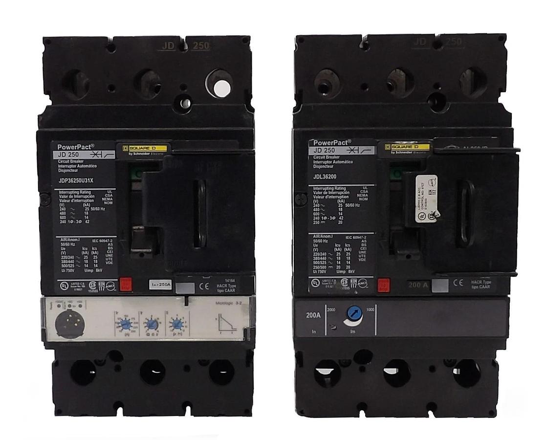 Used Square D JD 250 3-Pole Circuit Breaker JDL36200 JDF36250CU31X Lot of 2 Working