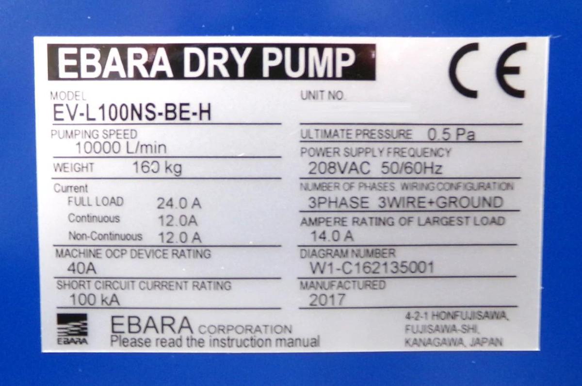 Refurbished EV-L Ebara Technologies EV-L100NS-BE-H Dry Vacuum Pump IPN 500331623 Refurbished