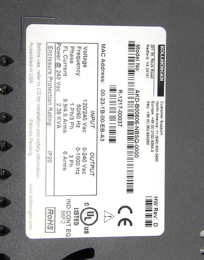 Used Kollmorgen AKD-B00606-NBSQ-0000 Servo Drive SynqNet Working Surplus