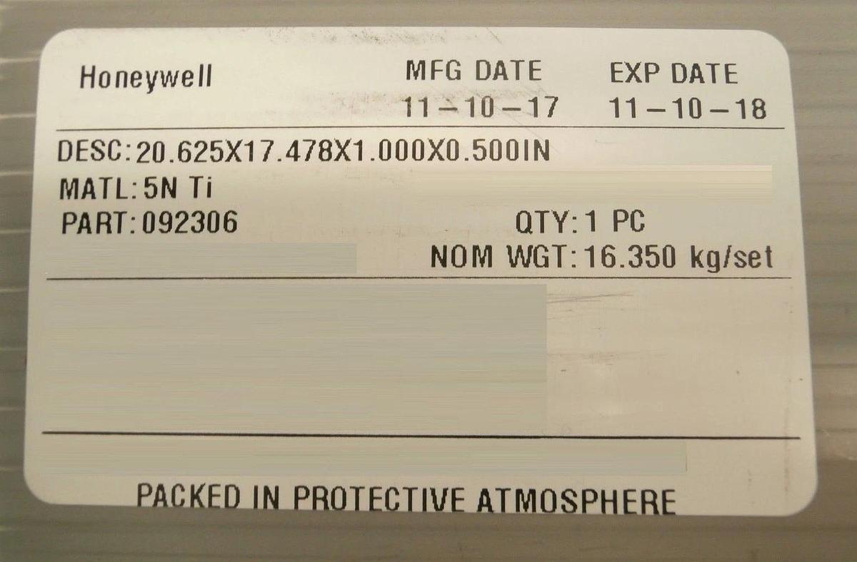 Used Honeywell 092306 300mm 5N Ti Titanium Target 20.625X17.478X1.000X0.500IN Working