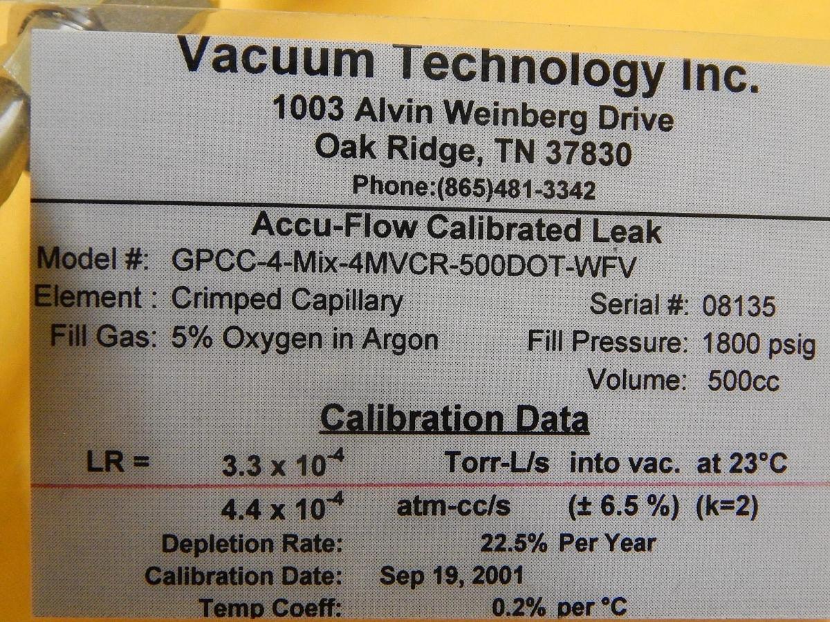Used Vacuum Technology GPCC-4-Mix-4MVCR-500DOT-WFL Crimped Capillary Assembly Used