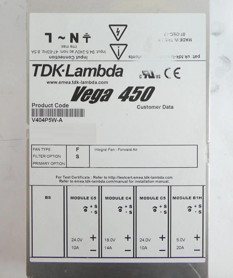 Used TDK-Lambda V404P5W-A Modular Power Supply Assembly Vega 450 Working Surplus