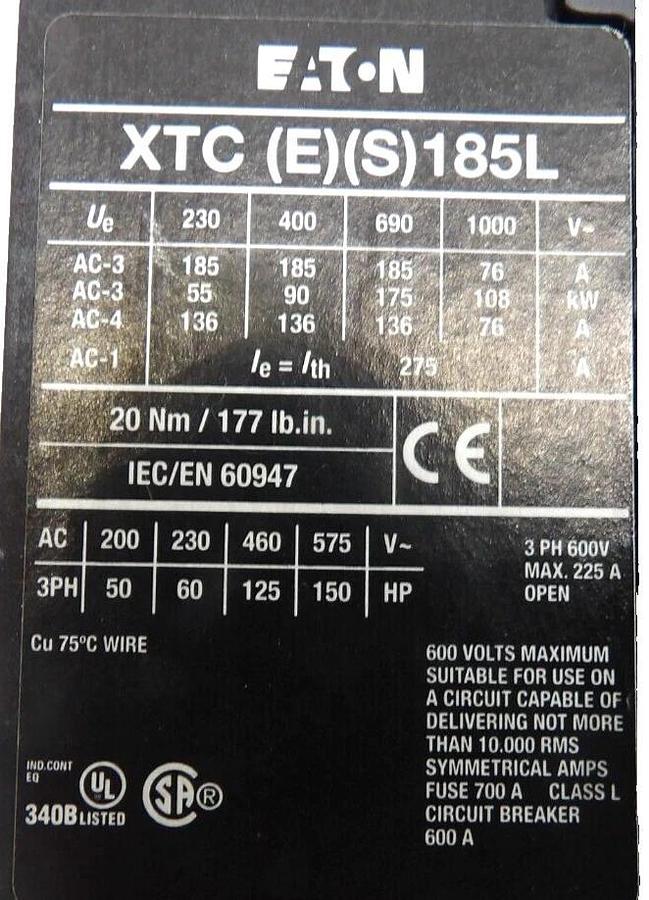 Used Eaton XTCE185L 3-Pole Contactor Moeller Series Lot of 3 Working Surplus