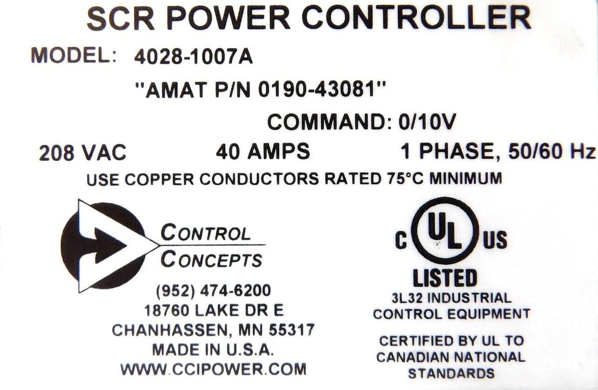 Used Control Concepts 4028-1007A SCR Power Controller AMAT 0190-43081 Working Surplus