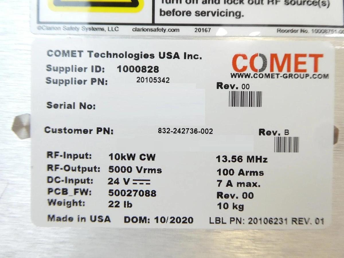 Used Comet Technologies 20105342 RF Match Lam Research 832-242736-002 Spare Surplus