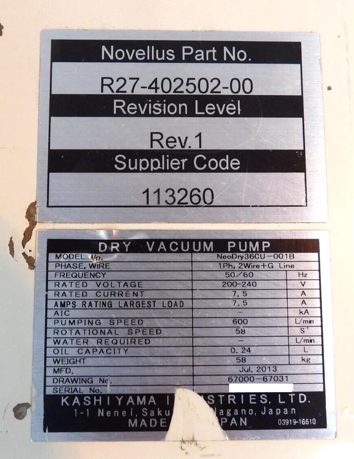 Used Kashiyama NeoDry36CU-001B Vacuum Pump NeoDry36C Novellus R27-402502-00 As-Is
