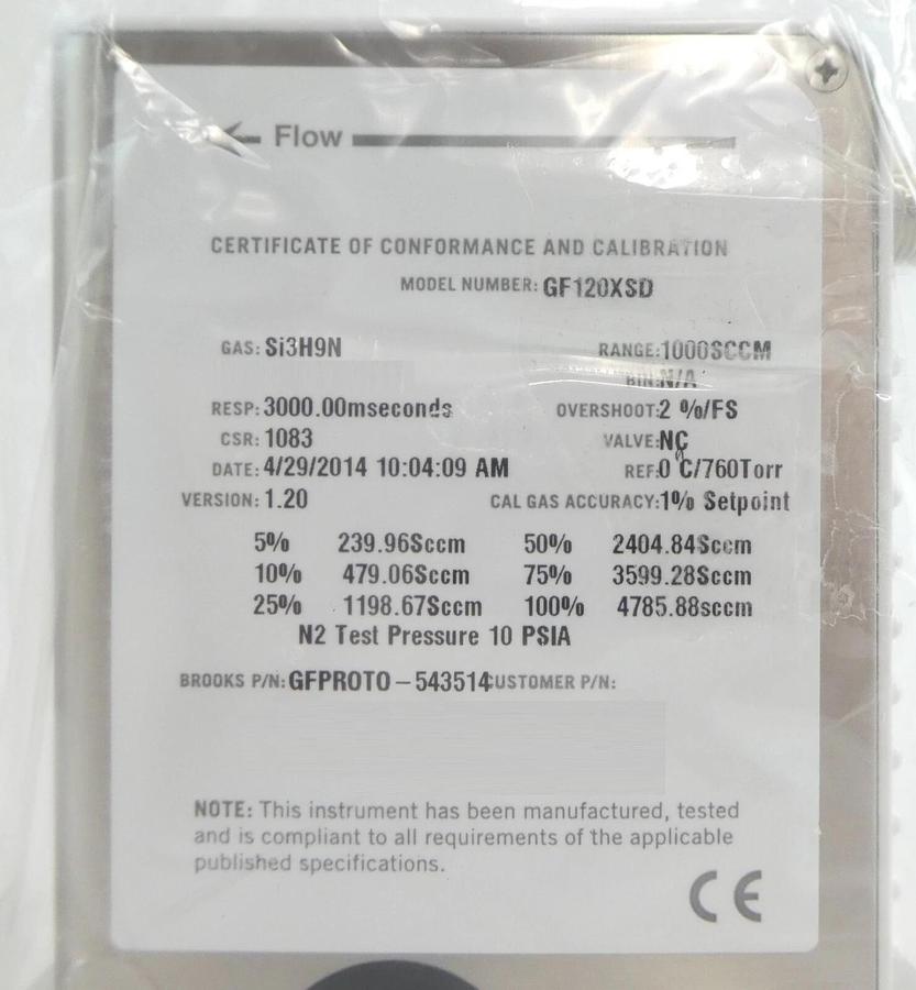 Brooks Instrument GFPROTO-543514 Mass Flow Controller MFC GF120XSD New Surplus