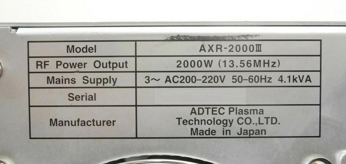 Used ADTEC AXR-2000III 2000W RF Plasma Generator Novellus 27-360919-00 Tested Working
