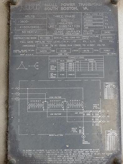 Used 15000 KVA OA ABB OIL INSULATED TRANSFORMER SUBSTATION 4160Y/2402
