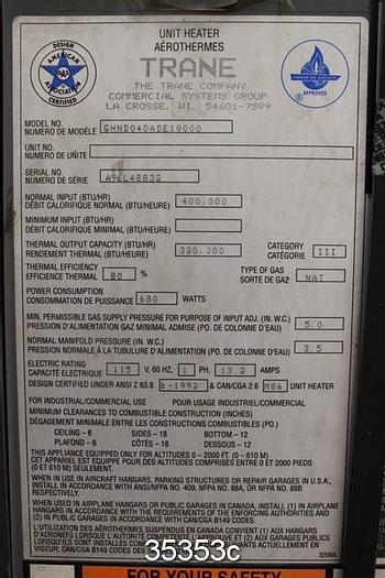 Used Trane GHND040ADE10000 Natural Gas Heater, 400 Thousand BTU/Hr Input #35353