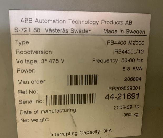 Used ABB IRB 4400L/10 2.53 METER REACH 6 AXIS CNC MIG WELDING ROBOT WITH S4C PLUS CONTROLLER
