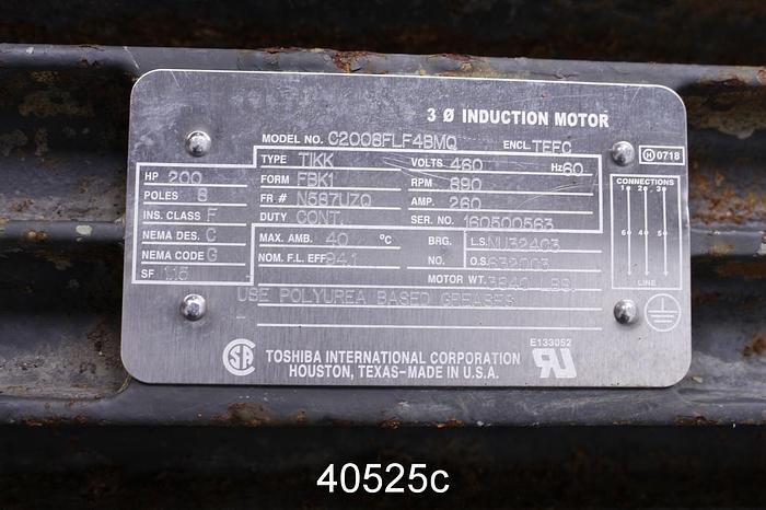 Used Toshiba 200 HP AC Motor, 460 Volt, 890 Rpm #40525