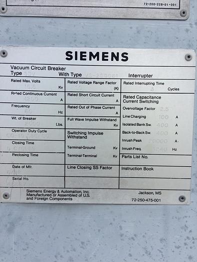 Used Siemens SDV VS1700SP 15.5KV Vacuum Breakers