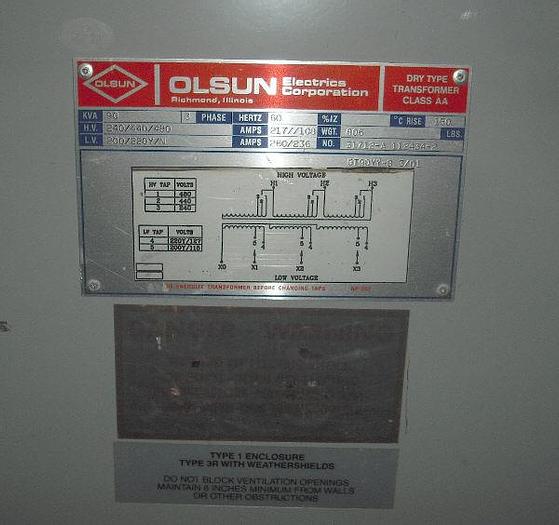 Used OLSUN 90 KVA, 3-PHASE TRANSFORMER