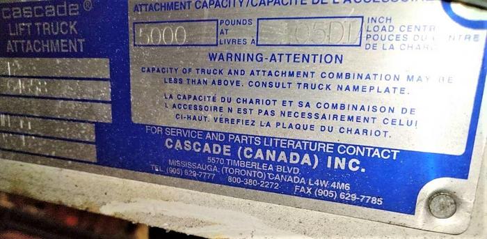 Used 105" CASCADE PAPER ROLL CLAMP MODEL 90F-RCP-64658 MANUFACTURED 2012-SOLD