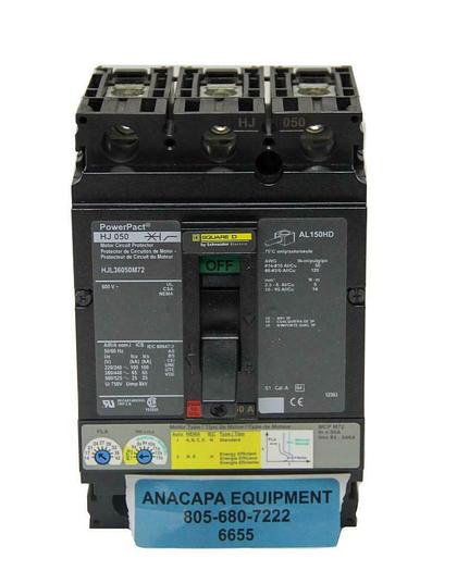Used Square D PowerPact HJ 050 HJL36050M72 Motor Circuit Protector, 600V 50A (6655)W