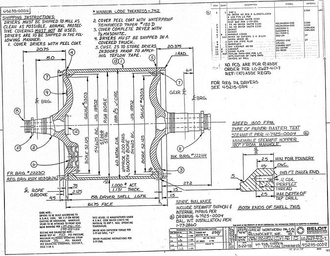 Used Beloit  Dryers, 60" Dia X 158" Face, 75 Psi Working Pressure, Asme Coded, With Anti-Friction Bearings, Framing, Gears, Steam Joints, Felt Stretches & Guides #23014