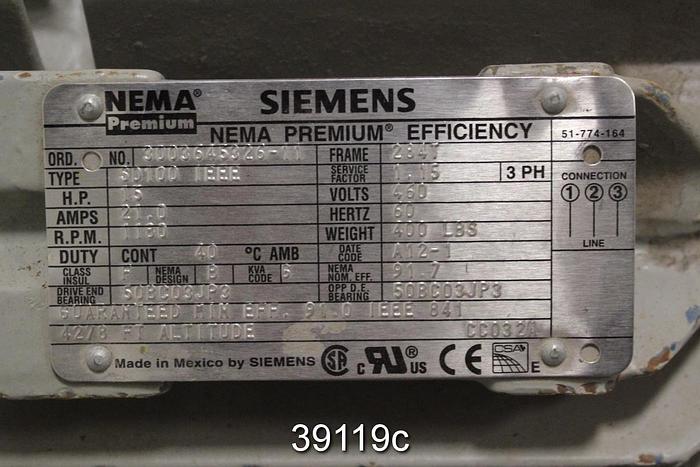 Used Siemens 15 HP AC Motor, 1180 RPM, 460 Volts, 284T Frame #39119