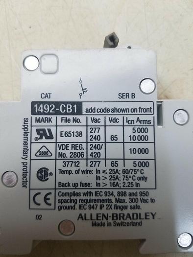 Used Allen Bradley 1492-CB1 G100 Circuit Breaker Single Pole Ser B