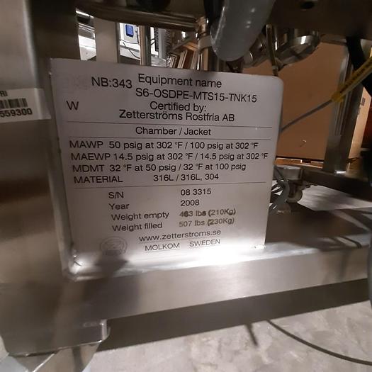 Used Used Zetterstroms 10 Litre Stainless Steel Jacketed Pressure Vessel