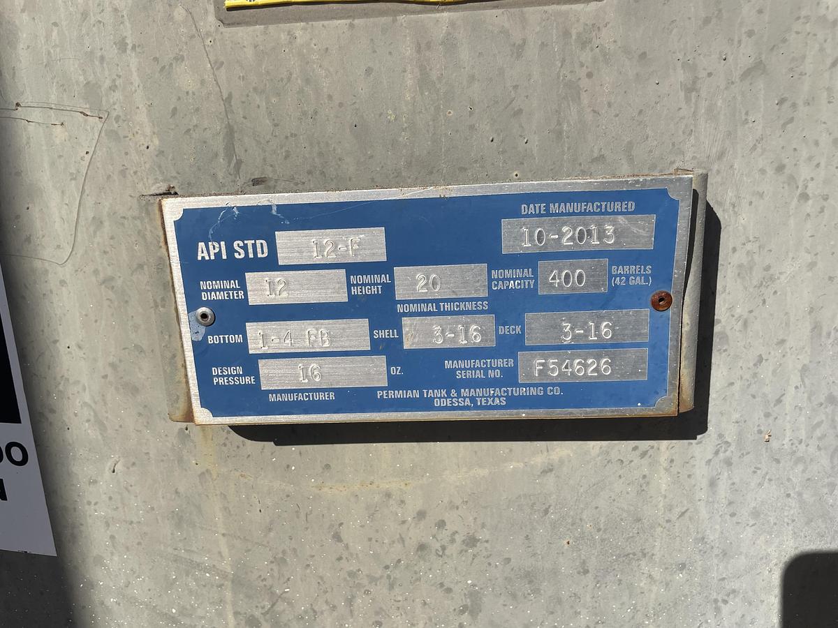 Used Permian Tank 400BBL Vertical Storage Tanks – 12’ x 20’, Carbon Steel, Flat Bottom, Used Basic Refurb, 2013