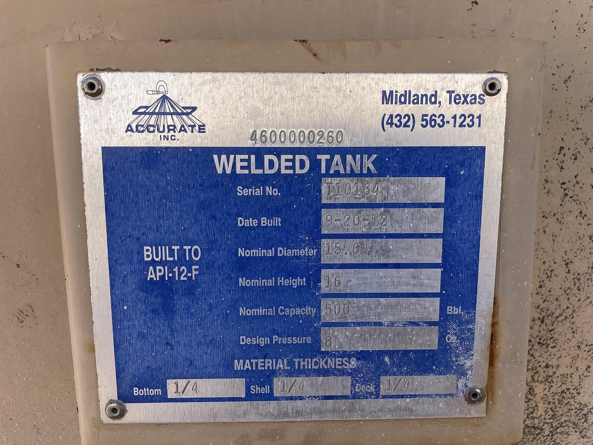 Used Accurate Inc 500BBL Vertical Storage Tanks – 15’6” x 16’, Carbon Steel, Flat Bottom, Used Basic Refurb, 2012