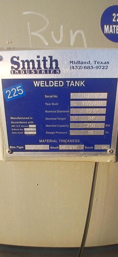 Used Smith Industries 750BBL Vertical Storage Tanks - 15.5’ x 24’, Carbon Steel, Flat Bottom, Used Basic Refurb