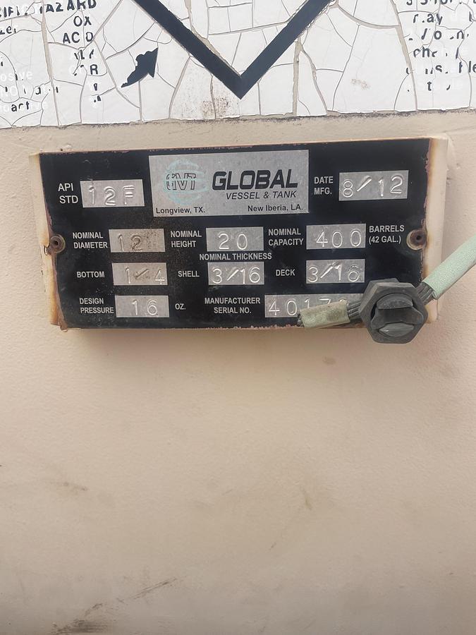 Used Global Vessel & Tank 400BBL Vertical Storage Tanks – 12’ x 20’, Carbon Steel, Flat Bottom, Used Basic Refurb