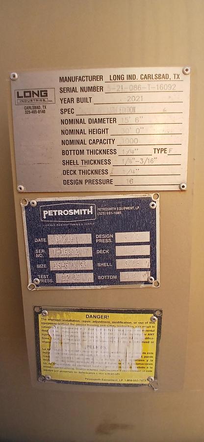 Used Long Industries 1000BBL Vertical Storage Tanks – 15’6” x 30’, Carbon Steel, Flat Bottom, Used Basic Refurb, 2021