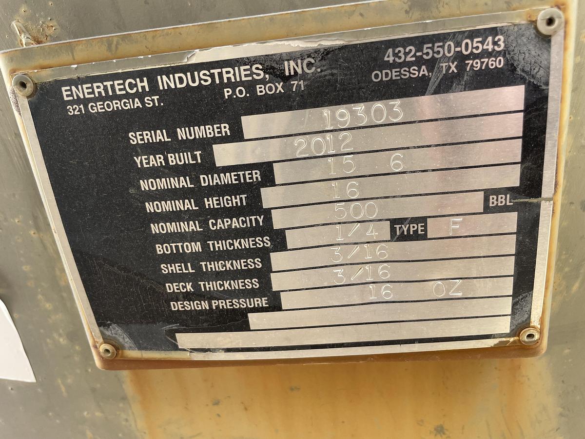 Used Enertech 500BBL Vertical Storage Tanks – 15’6” x 16’, Carbon Steel, Flat Bottom, Used Basic Refurb, 2012