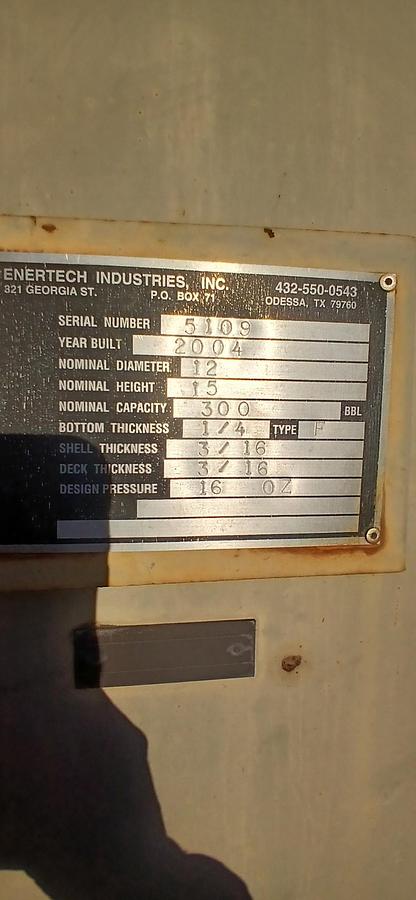 Used Enertech Industries, Inc 300BBL Vertical Storage Tanks – 15’6” x 24’, Carbon Steel, Flat Bottom, Used Basic Refurb, 2004