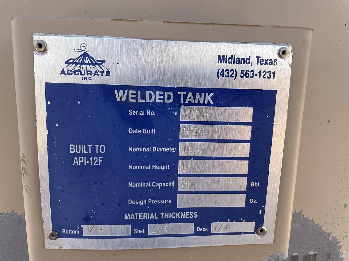 Used Accurate Inc 500BBL Vertical Storage Tanks – 15’6” x 16’, Carbon Steel, Flat Bottom, Used Basic Refurb, 2014