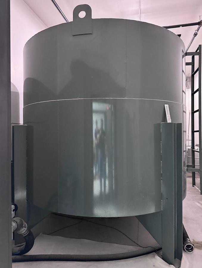 Used 2900gal Vertical Storage Tank- 100” D x 102” H, Cone bottom, Carbon Steel (2015)