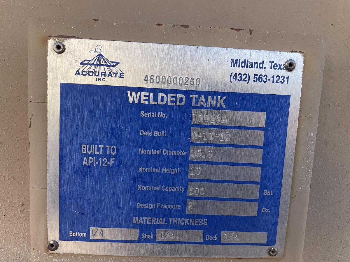 Used Accurate Inc 500BBL Vertical Storage Tanks – 15’6” x 16’, Carbon Steel, Flat Bottom, Used Basic Refurb, 2012