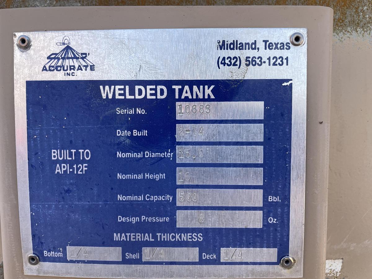 Used Accurate Inc 500BBL Vertical Storage Tanks – 15’6” x 16’, Carbon Steel, Flat Bottom, Used Basic Refurb, 2014
