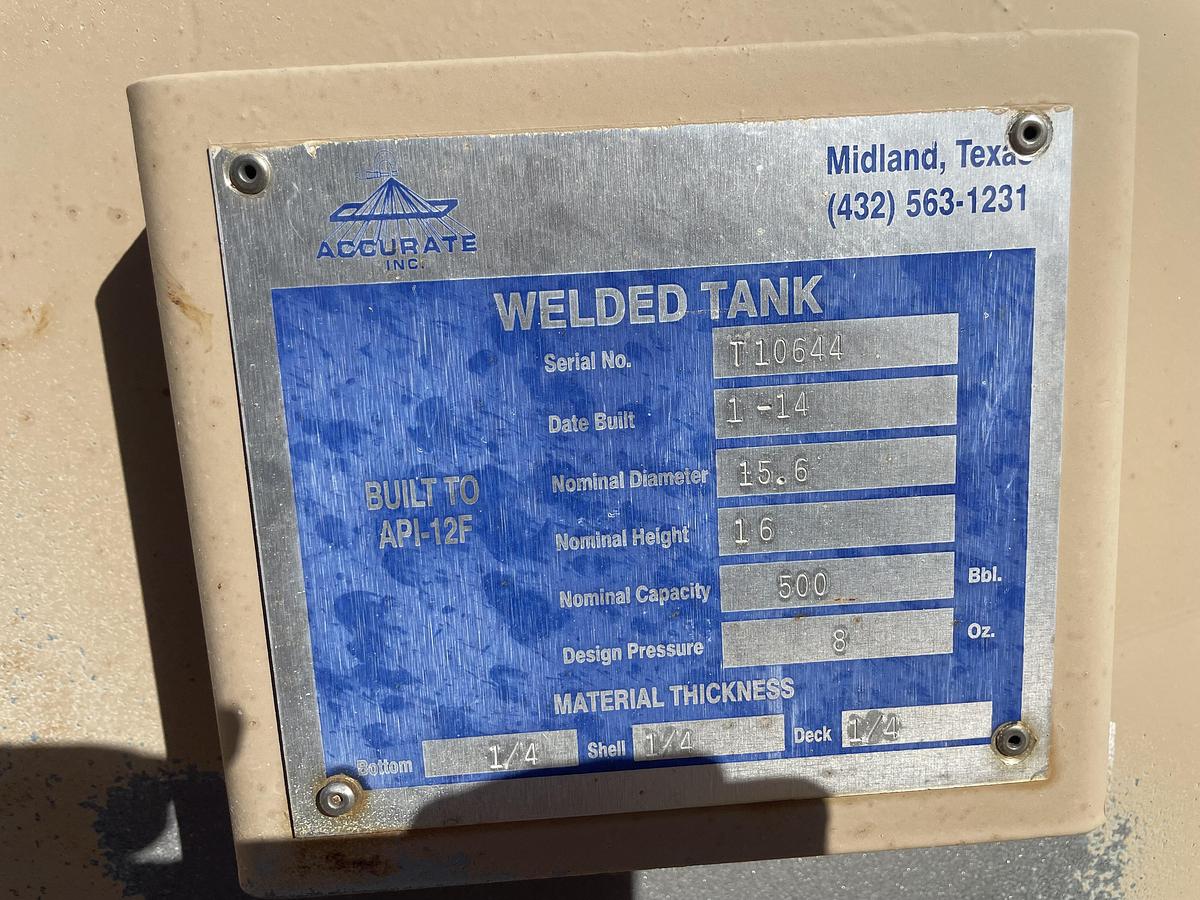 Used Accurate Inc 500BBL Vertical Storage Tanks – 15’6” x 16’, Carbon Steel, Flat Bottom, Used Basic Refurb, 2014
