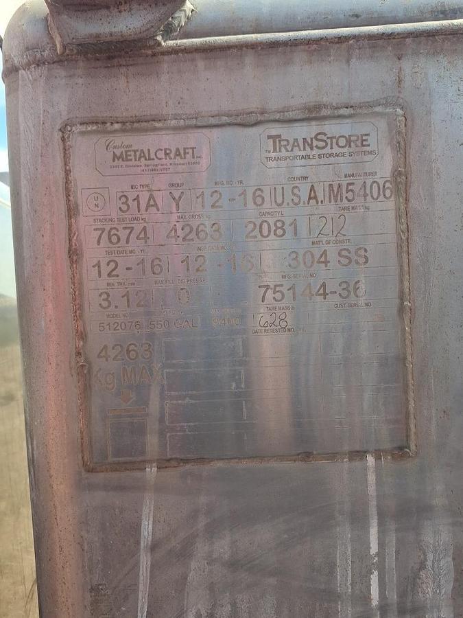 Used 2016 TranStore 550 Gallon Stainless Steel Totes