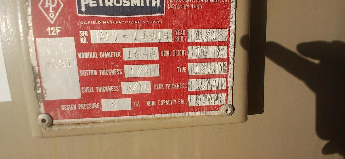 Used Petrosmith 500BBL Vertical Storage Tanks – 15’6” x 16’, Carbon Steel, Flat bottom, Used Basic Refurb, 2018