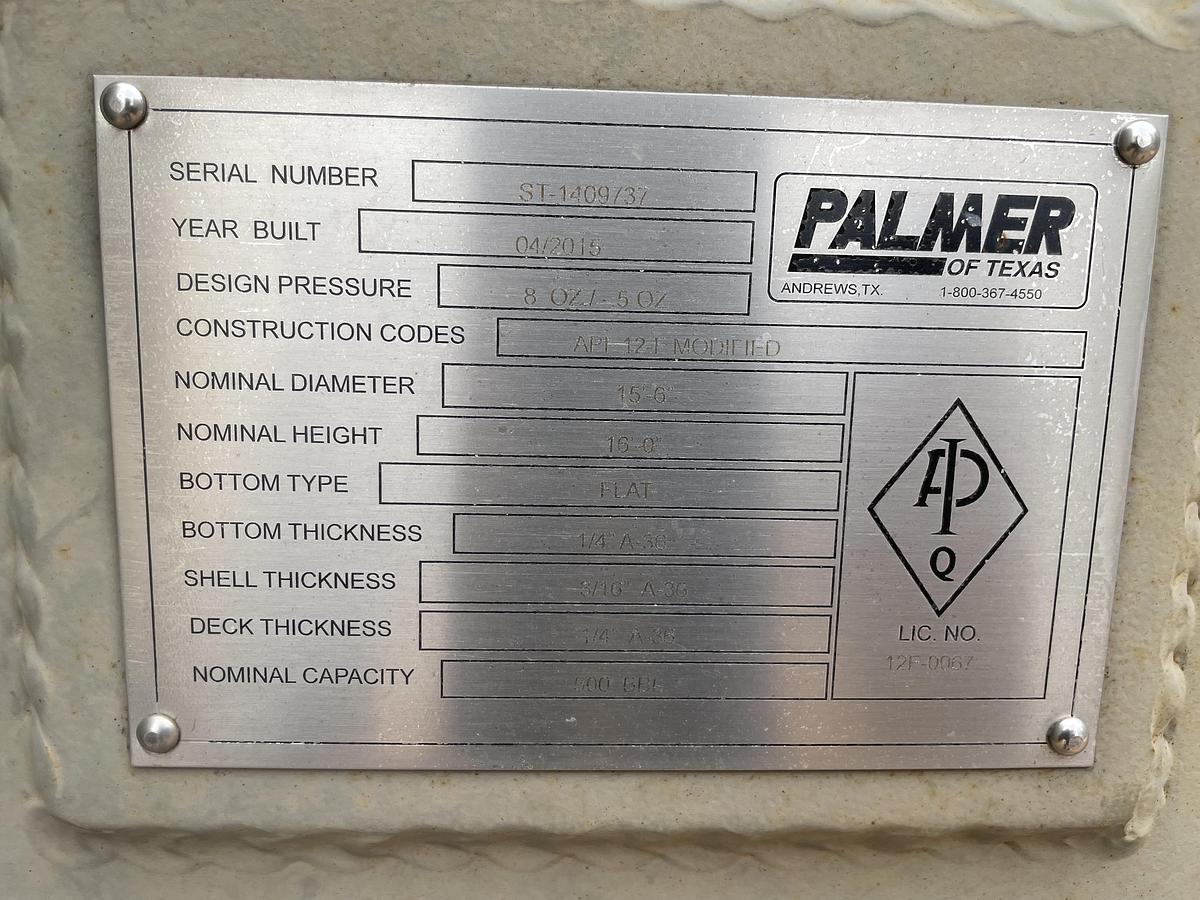 Used Palmer Of Texas 500BBL Vertical Storage Tanks – 15’6 x 16‘, Carbon Steel, Flat Bottom, Used Basic Refurb