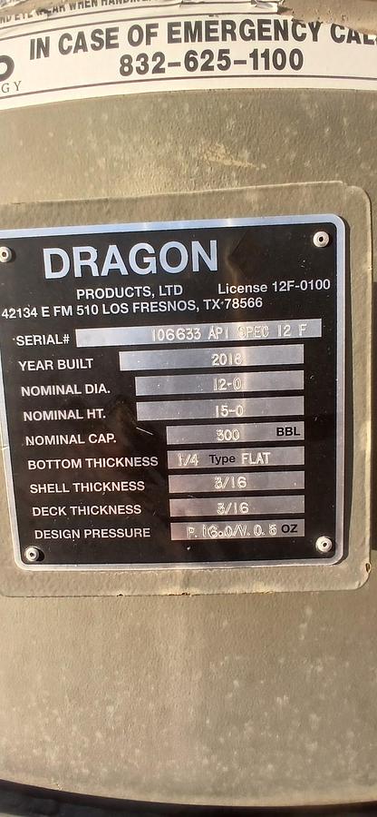 Used Dragon 300BBL Vertical Storage Tanks – 12’ x 15’, Carbon Steel, Flat Bottom, Used Basic Refurb, 2018