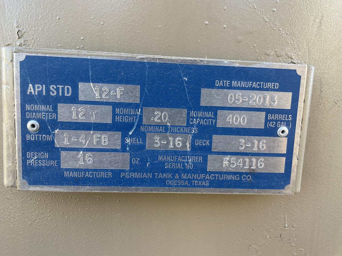 Used 2013 Permian 400BBL Vertical Storage Tank - 12’ x 20’, Carbon Steel, Flat Bottom, Used Basic Refurb